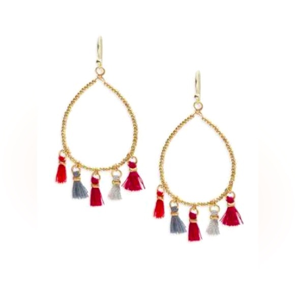 Boho Gold Beaded Hoop Drop Statement Earrings Red & Grey Fringe Tassels - Picture 10 of 11